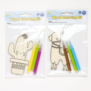 Coloring kit 2pkg4, wood (natural), 4-1/2x3 inch cactus and 4-1/2x3 inch llama.