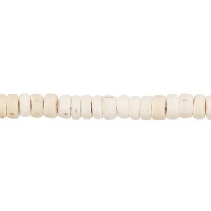 Bead, wood (bleached / waxed), white, 5x1.5mm-6x3.5mm hand-cut rondelle. Sold per pkg of (2) 15-1/2" to 16" strands.