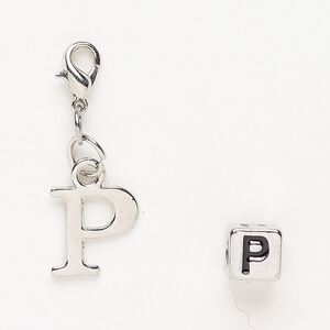 Charm and bead 1pkg2 antiqued silver-finished "pewter" (zinc-based alloy) / steel / enamel, black, 13x12mm "P" with lobster claw clasp and 7mm cube with "P".