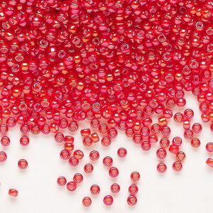 Seed bead, Miyuki, glass, pkg/250g, #11 rocaille, opaque white-lined luster flame red, (RR-3762).