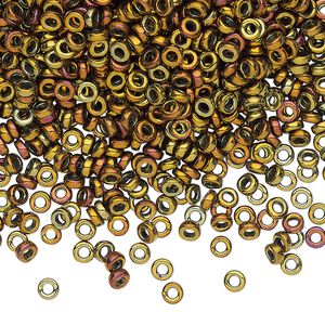 Seed bead, Miyuki, glass, pkg/10g, 3x1.3mm spacer rondelle, opaque iris gold, (SPR3-462).