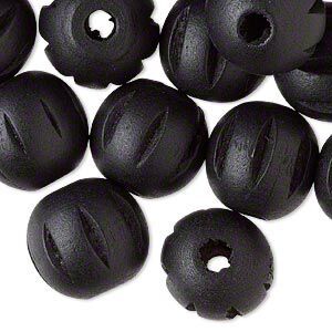 Bead, wood (dyed), black, 20mm hand-cut fluted round. Sold per pkg of 25.
