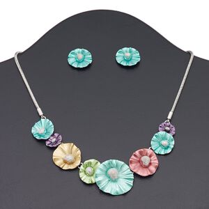 Necklace and earring set, enamel / silver-finished steel / brass / "pewter" (zinc-based alloy), matte multicolored, flowers, 16 inches with 3-inch extender chain and lobster claw clasp, 19x18mm flower with post. Sold per set.
