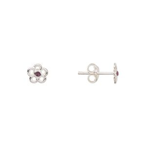 Earstud, Create Compliments&reg;, sterling silver and crystal, amethyst, 6mm flower. Sold per pair.