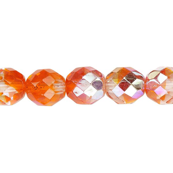 Bead, Czech fire-polished glass, two-tone, crystal/orange AB, 10mm faceted round. Sold per 15-1/2" to 16" strand. image number 0