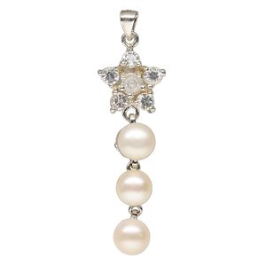 Pendant, silver-finished "pewter" (zinc-based alloy) / glass / glass pearl, peach and clear, 46x15mm star. Sold individually.