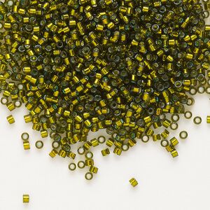 Seed bead, Delica&reg; 1pkg250g glass, #11 round, transparent silver-lined golden olive / outside dyed (DB-0604)