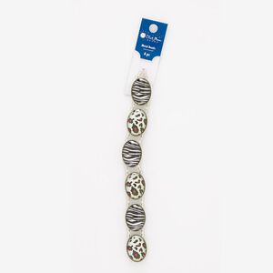 Bead, glass / paper / antique brass-finished "pewter" (zinc-based alloy), multicolored, 27x20mm single-sided double-drilled flat oval with zebra and leopard print design. Sold per pkg of 6.