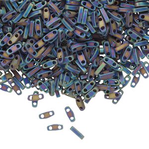 Seed bead, TILA&reg;, glass, pkg/5g, 5x1.2mm quarter tila rectangle, opaque matte rainbow black, (QTL-401FR).