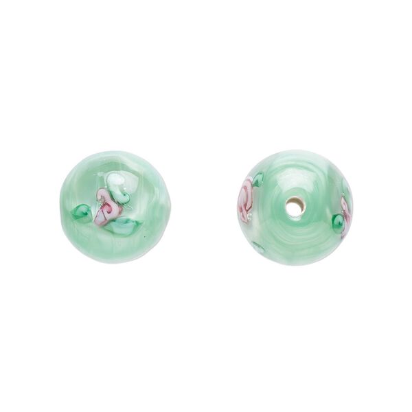 Bead, Czech lampworked glass, opaque green and pink, 10-11mm round with flower design. Sold per pkg of 4. image number 0