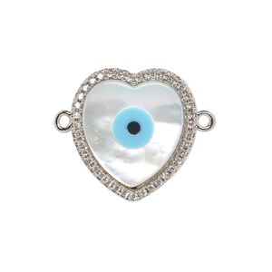 Link, silver-finished brass / mother-of-pearl shell / cubic zirconia / resin 1pkg1, multicolored, 18x17mm single-sided heart with eye design.