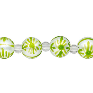 Bead, glass 1pkg8, opaque white and green, 10mm hand-painted round.