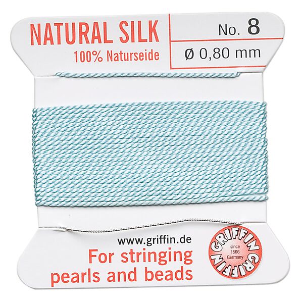 Thread, Griffin, silk, turquoise blue, size #8. Sold per 2-meter card (approximately 78 inches). image number 0
