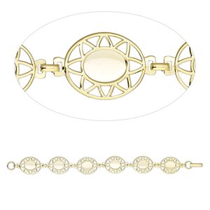 Bracelet component, gold-plated brass, 20x17 fancy oval with (6) 10x8mm oval settings, 7 inches with fold-over clasp. Sold per pkg of 10.