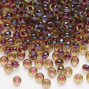 Seed bead, Miyuki, glass, pkg/25g, #6 rocaille, translucent wine-lined luster peridot (RR-336).