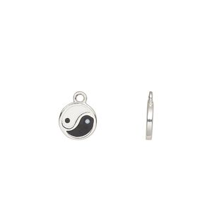 Charm, sterling silver and enamel, white and black, 8mm single-sided round with yin-yang. Sold individually.