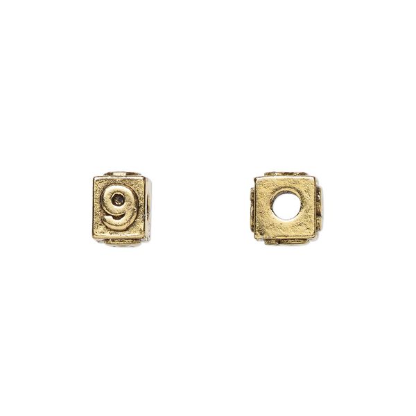 Bead 1pkg4 gold-plated pewter, 8x6mm rectangle / number 9, antique Dione&reg; image number 0