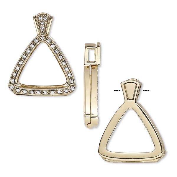Pendant, Almost Instant Jewelry&reg;, antique gold-finished brass / crystal / rubber, crystal clear, 37.5x30mm single-sided hinged triangle with 23mm triangle setting. Sold individually. image number 0