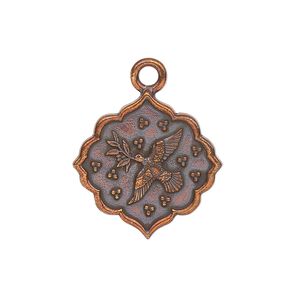 Drop, TierraCast&reg;, antique copper-plated pewter, 24.5mm 2-sided scalloped diamond with dove and "peace." Sold individually.