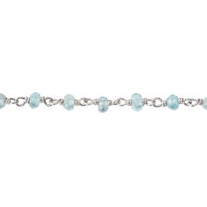 Chain 1pkg1 rhodium-plated sterling silver / apatite (natural) beaded, 3.5x2mm-4x2.5mm faceted hand-cut rondelle, light 36 inch