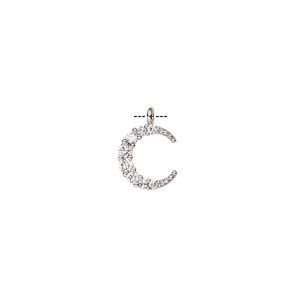 Charm, cubic zirconia and silver-finished brass, clear, 10x8.5mm single-sided moon. Sold individually.