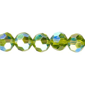 Bead 1pk 32 facets translucent peridot green AB, Celestial Crystal&reg; 10mm round 15.5-16 inch