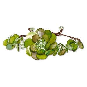 Bracelet, freshwater pearl shell (dyed) / felt / glass / waxed cotton cord, green / brown / white, 45mm flower, adjustable from 6 to 9-1/2 inches with macram&eacute; knot closure. Sold individually.