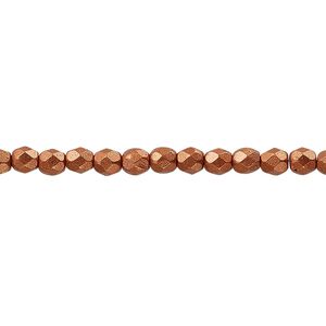 Bead, Czech fire-polished glass, opaque satin metallic copper, 4mm faceted round. Sold per 15-1/2" to 16" strand, approximately 100 beads.