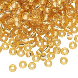Seed bead, Miyuki, glass, pkg/250g, #6 rocaille, transparent silver-lined gold, (RR-3).