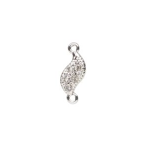 Link, silver-finished brass and crystal, clear, 13x8mm wave. Sold individually.