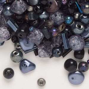 Glass / plastic / acrylic / mother-of-pearl shell (dyed) 1pkg100g, mixed shapes bead mix opaque and translucent luster black / grey / peacock AB 3x2mm-8x4mm