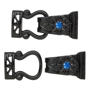 Clasp magnetic fold-over 1pkg2 "pewter" (zinc alloy), 29x13mm, black-finished / blue rhinestone 2-strand