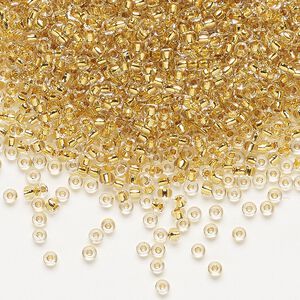 Seed bead, Miyuki, glass, pkg/4g, #11 rocaille, translucent 24Kt gold-lined crystal gold, (RR-195).