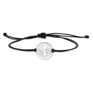 Bracelet, waxed cotton cord and sterling silver, black, 19mm round with cutout fleur-de-lis, adjustable from 6 to 9-1/2 inches with macram&eacute; knot closure. Sold individually.
