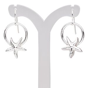 Earring, silver-plated steel and "pewter" (zinc-based alloy), 32mm with open round and starfish with fishhook ear wire. Sold per pair.