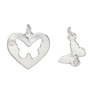 Charm, silver-finished "pewter" (zinc-based alloy) and glass, clear, 20x18mm heart with butterfly cutout design and 13mm single-sided butterfly. Sold per pkg of (2) 2-piece sets.