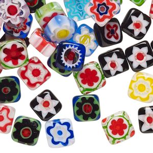 Bead mix, millefiori glass, opaque to transparent multicolored, 8mm flat square with 0.4-0.6mm hole. Sold per 2-ounce pkg, approximately 110-120 beads.