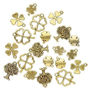 Bead & charm mix 1pkg20 gold-finished "pewter", 12x10mm-22x17mm clover / tree / single-sided / 2sided, antique