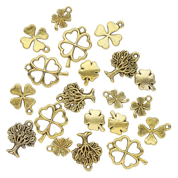 Bead & charm mix 1pkg20 gold-finished "pewter", 12x10mm-22x17mm clover / tree / single-sided / 2sided, antique image number 0