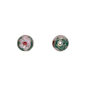 Bead 1pkg10 gold-finished, 8mm cloisonn&eacute; round / flower, copper / enamel