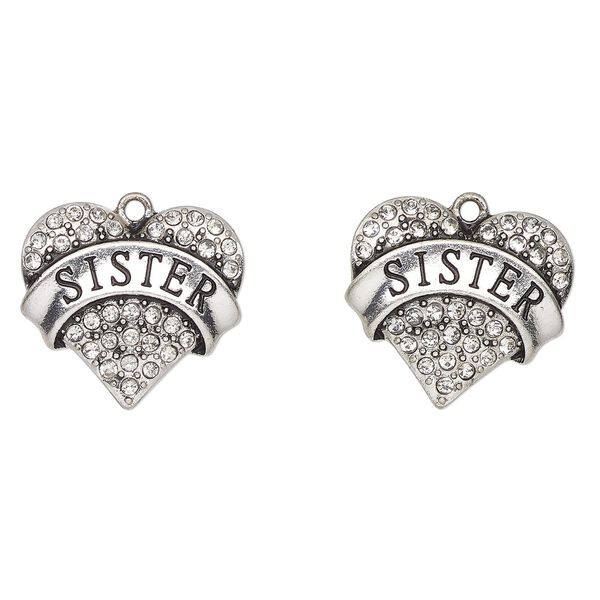 Charm, antique silver-finished enamel "pewter" (zinc-based alloy) and glass, clear and black, 24x23mm heart with "Sister". Sold per pkg of 2. image number 0