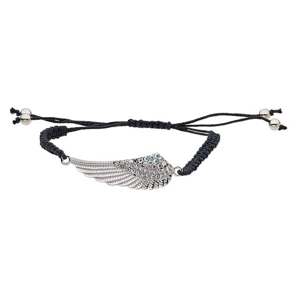 Bracelet, nylon / glass rhinestone / silver-finished "pewter" (zinc-based alloy), clear AB / black / clear, 17mm wide with 49x17mm wing, adjustable from 6 to 9-1/2 inches with macram&eacute; knot closure. Sold individually. image number 0