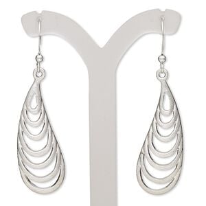 Earring, imitation rhodium-plated brass and "pewter" (zinc-based alloy), 2 inches with brushed curved teardrop and cutout design with fishhook ear wire. Sold per pair.