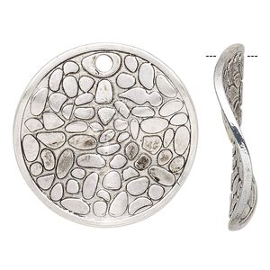 Focal, antique silver-finished "pewter" (zinc-based alloy), 30mm double-sided wavy flat round with cobblestone design. Sold per pkg of 4.
