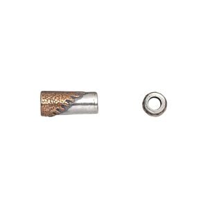 Bead 1pkg1 sterling silver, 12x5mm tube / textured serrated, copper antiqued