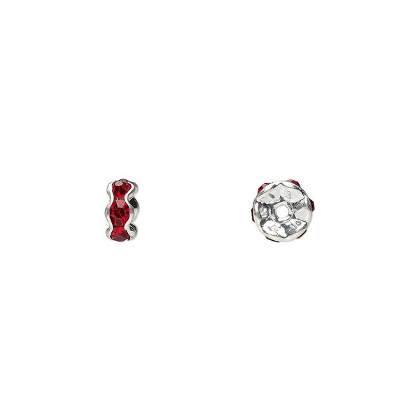 Bead 1pkg10 silver-plated, 5x2mm rondelle, brass / red rhinestone image number 0