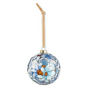 Ornament, cloisonn&eacute;, glass / enamel / velveteen ribbon / black-finished copper / gold-finished brass / steel, clear and multicolored with glitter, 3-inch round with flower design. Sold individually.