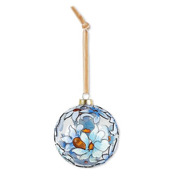 Ornament, cloisonn&eacute;, glass / enamel / velveteen ribbon / black-finished copper / gold-finished brass / steel, clear and multicolored with glitter, 3-inch round with flower design. Sold individually. image number 0