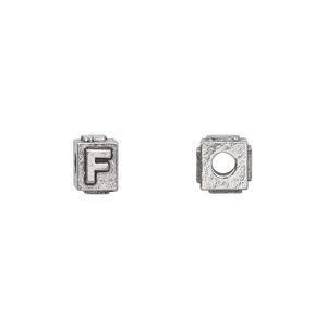 Bead 1pkg4 pewter, 8x6mm rectangle / letter F, antiqued Dione&reg;