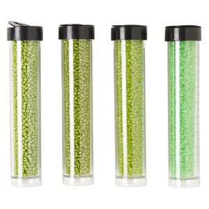 Seed bead assortment, Ming Tree&trade;, glass, pkg/(4) 4 x 3/4 inch vials, #11 round, opaque and transparent silver-lined rainbow lime green and bright green.